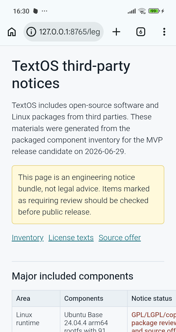 TextOS legal notices screen