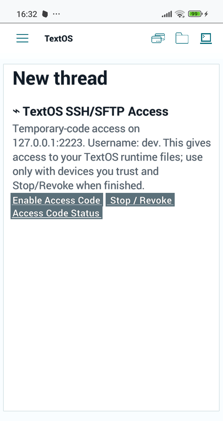 TextOS SSH and SFTP access screen