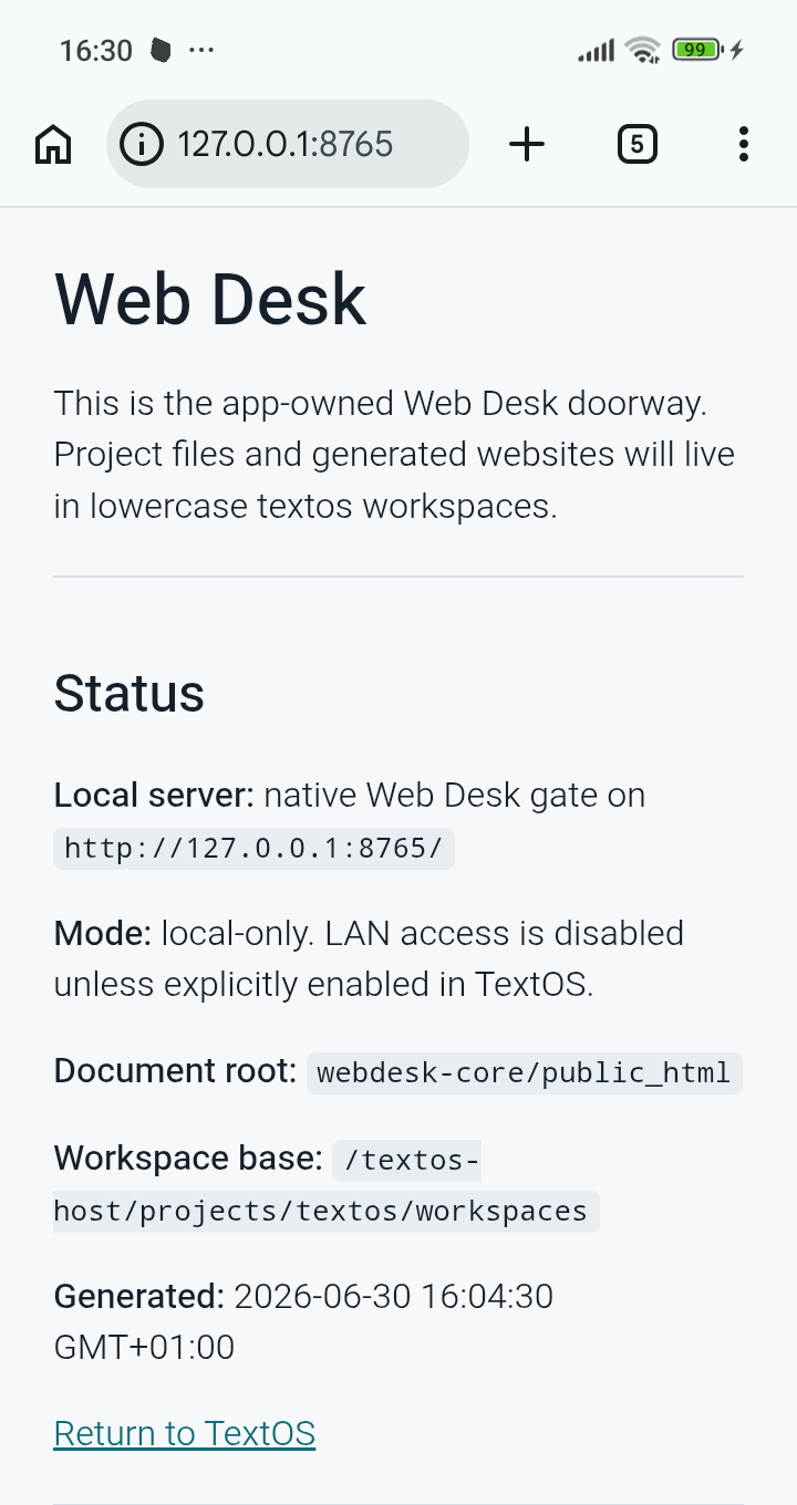 TextOS WebDesk local access screen